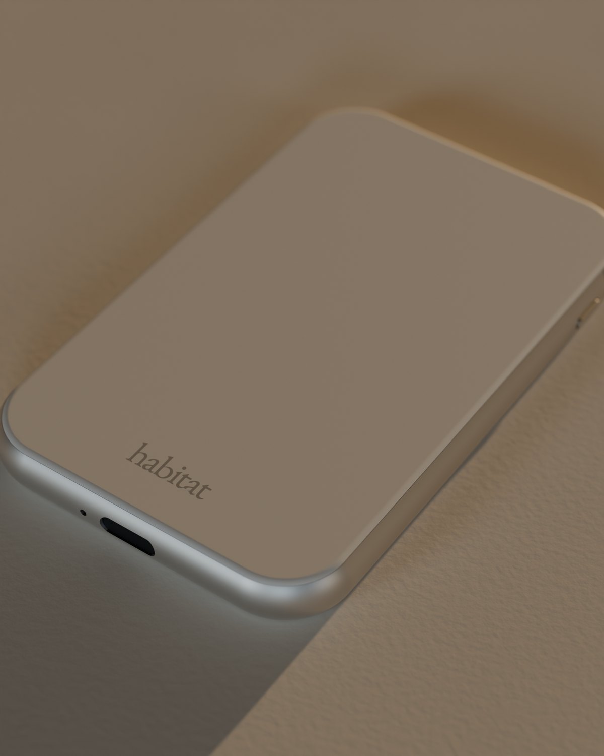 The back of the e1 with the habitat wordmark under raking light