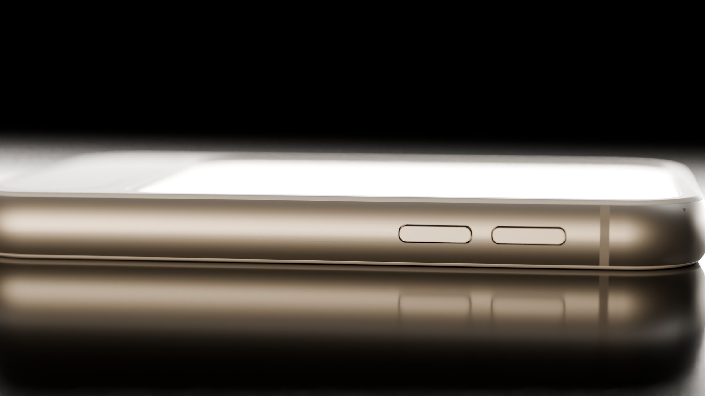 The e1's rounded aluminium edge and keys, lit by strip lights in the dark