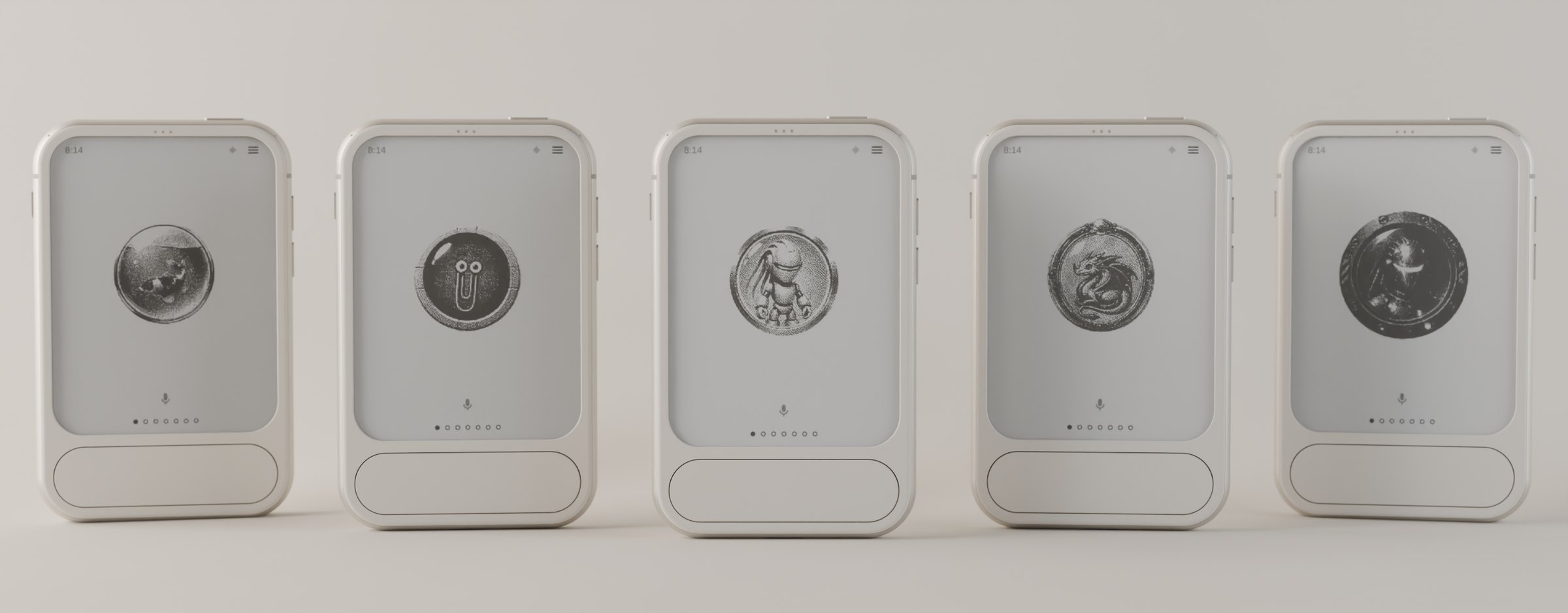 Five e1 cards standing in an arc, each showing a different Envoy: Koji, Clip, Lumen, Rubric and Adjutant
