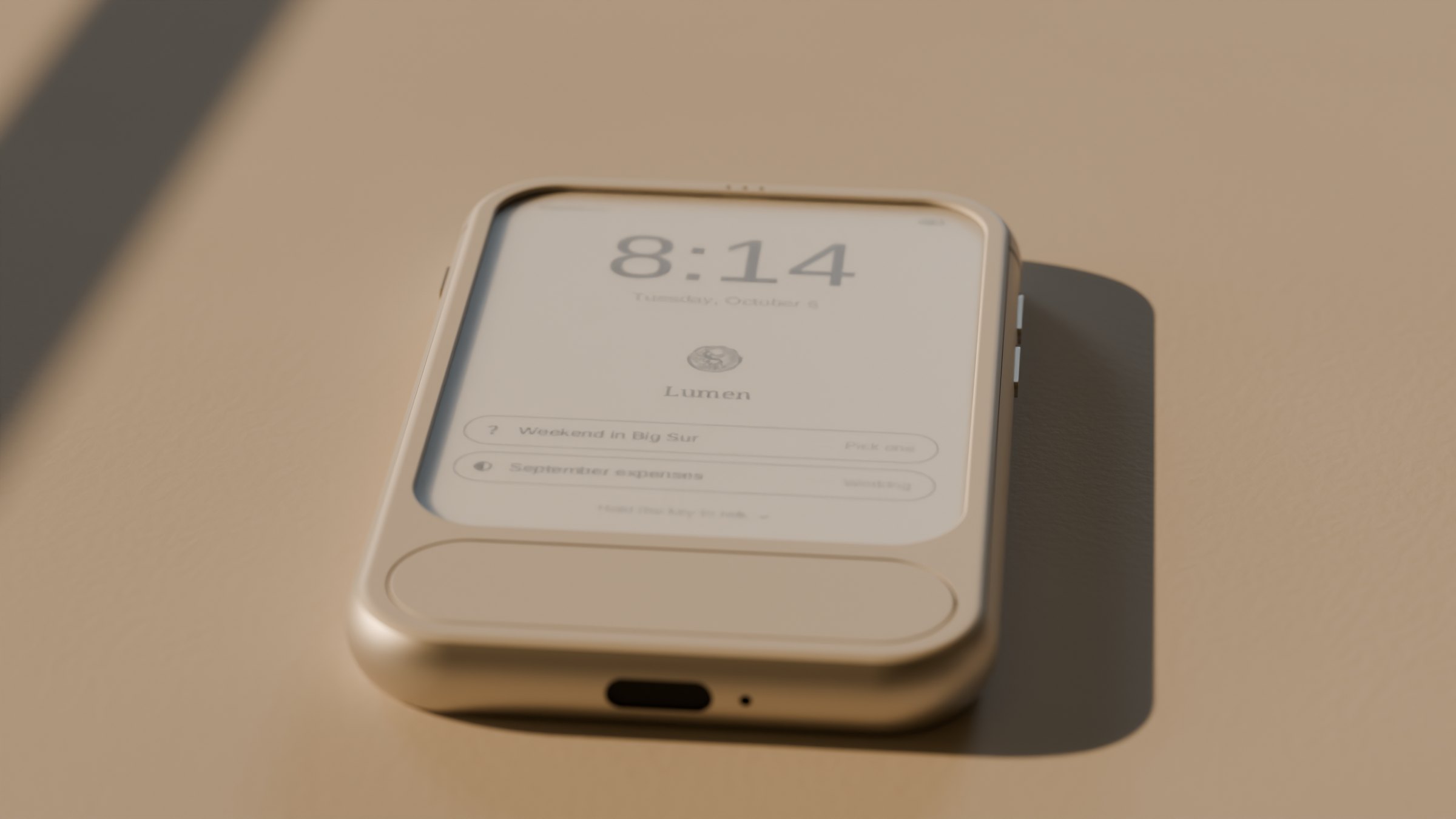 Habitat e1 on a plaster table in low morning sun, showing its lock screen